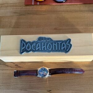Disney Pocahontas Fossil Watch with Dark Brown Leather Strap and wooden box